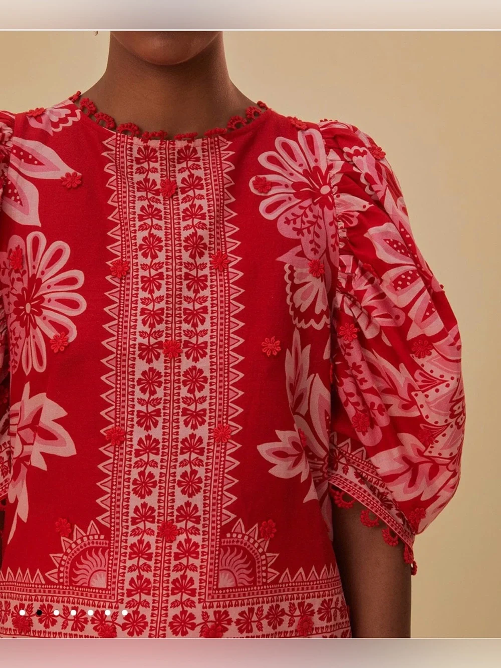 FARM RIO Flora Tapestry Appliqué Puff Sleeve Red Beaded Button Back Blouse XS S